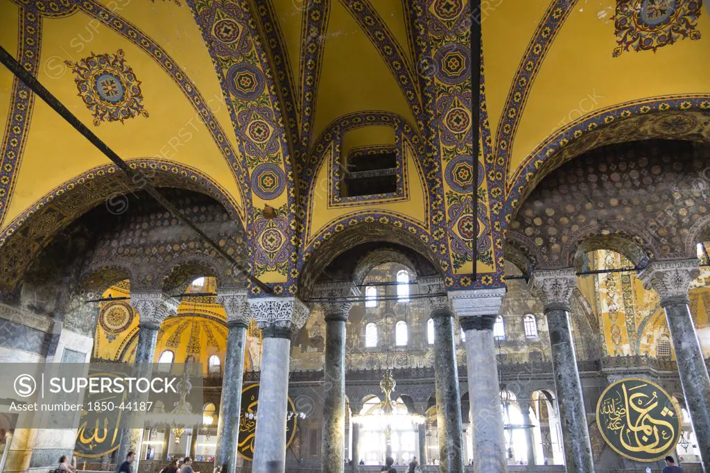 Turkey,  Istanbul, Sultanahmet Haghia Sophia The vaulted decorative North Gallery with calligraphic roundels of Koranic texts in the Nave beyond.
