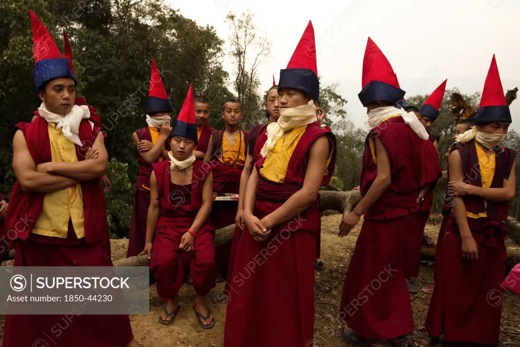 India,  Sikkim, Buddhist Monks in a Losar ceremony.