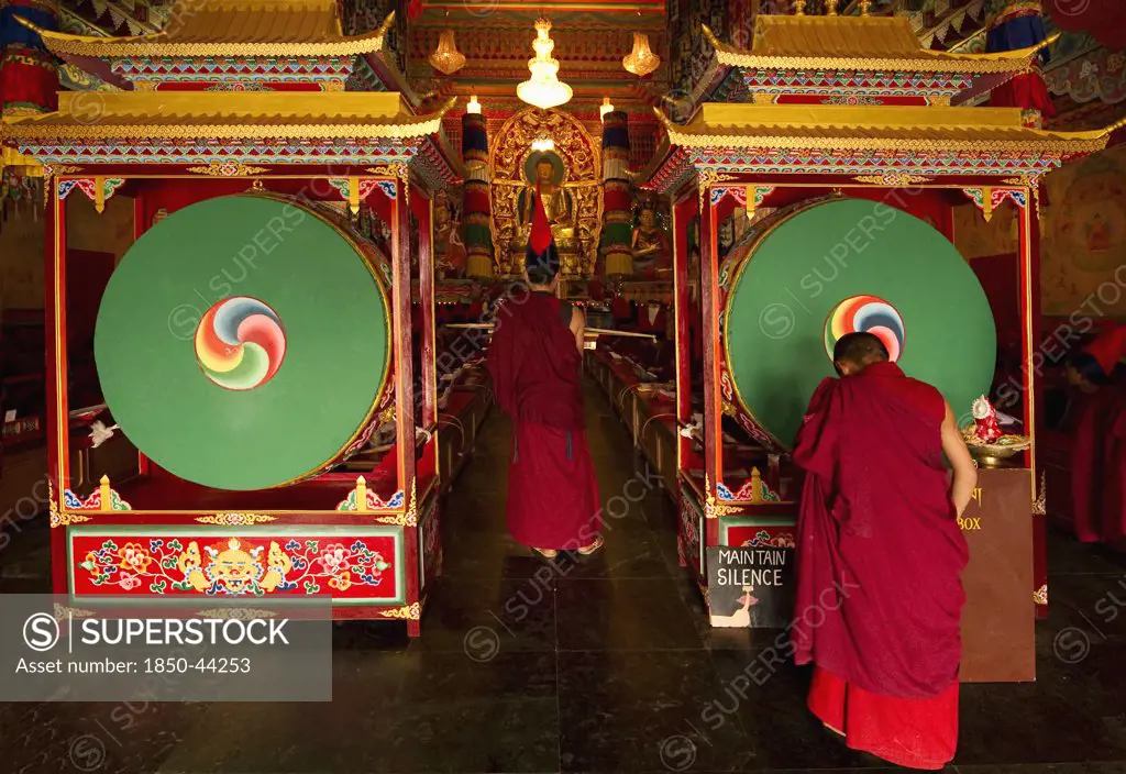 India,  Sikkim, Buddhist Lama Monks in a ritual in a monastery.