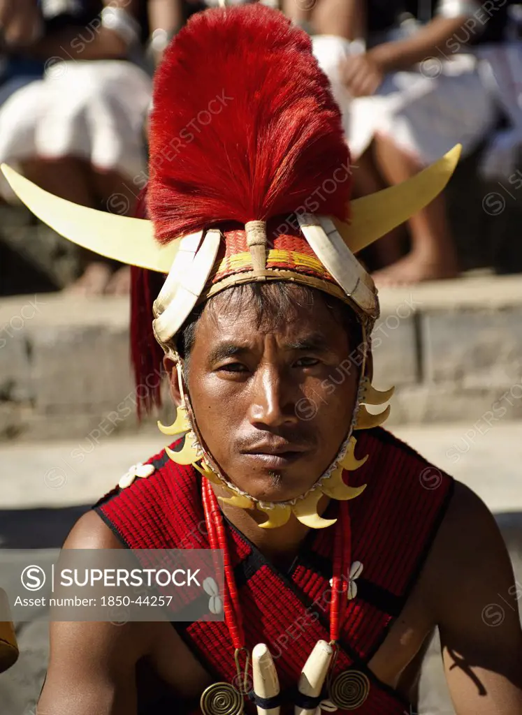 India, Nagaland, People, Naga Warrior tribal in traditional costume and head dress