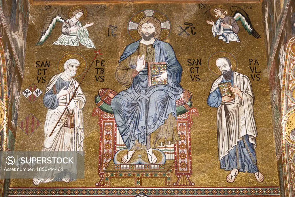 Italy, Sicily, Palermo, Palazzo dei Normanni Cappella Palatina Jesus Christ St Peter and St Paul mosaic.