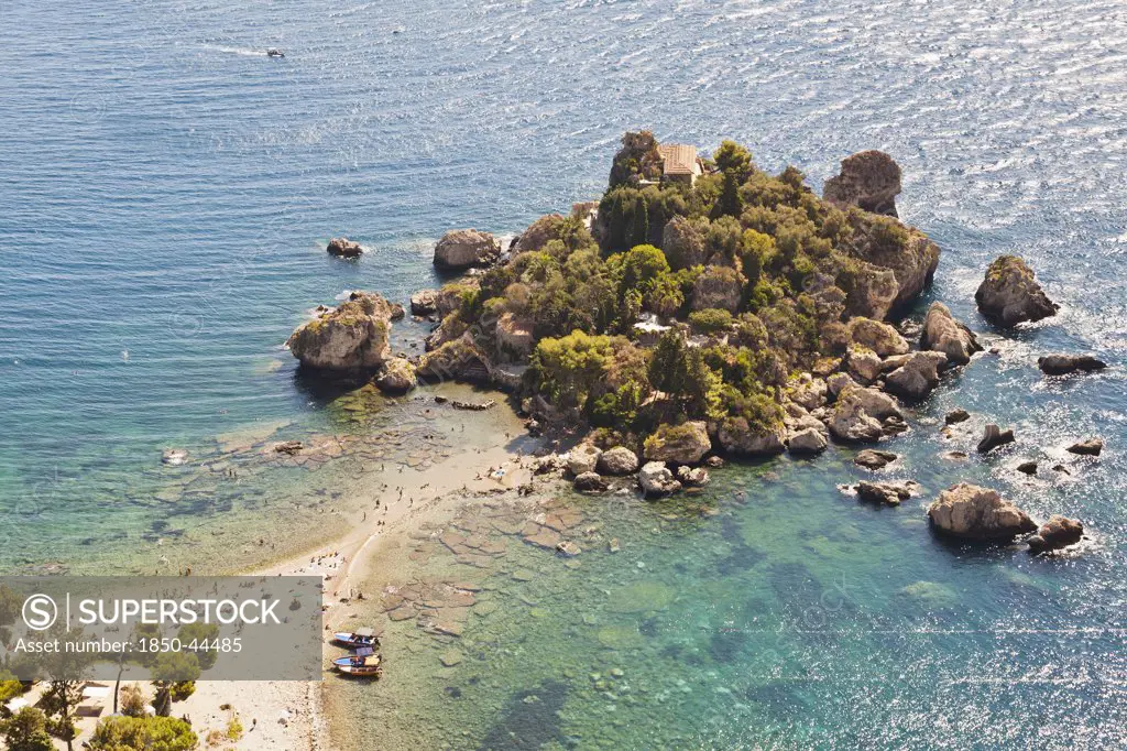 Italy, Sicily, Taormina, Baia Dell View over Isola Bella island.