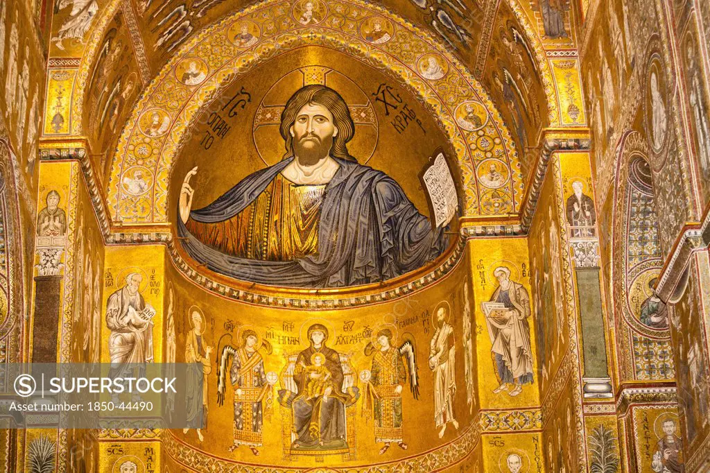 Italy, Sicily, Palermo, Monreale Cathedral Jesus Christ mosaic in the apse.