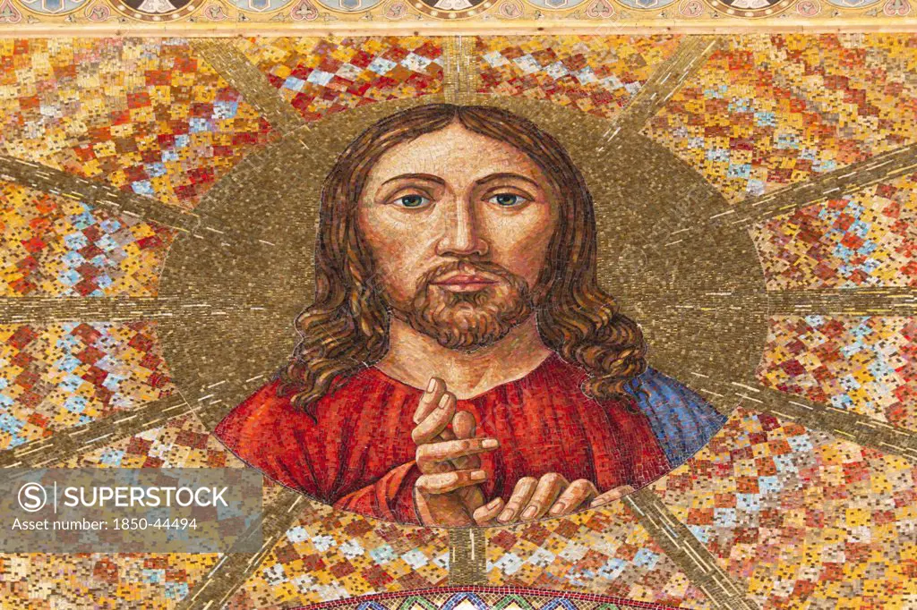 Italy , Sicily, Messina, Piazza Del Duomo Jesus Christ mosaic inside Cathedral.