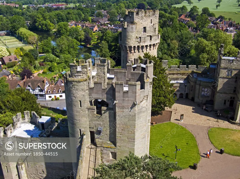 England, Warwickshire, Wawick Castle, Ariel view of buildings and Warwick from Guys Tower.