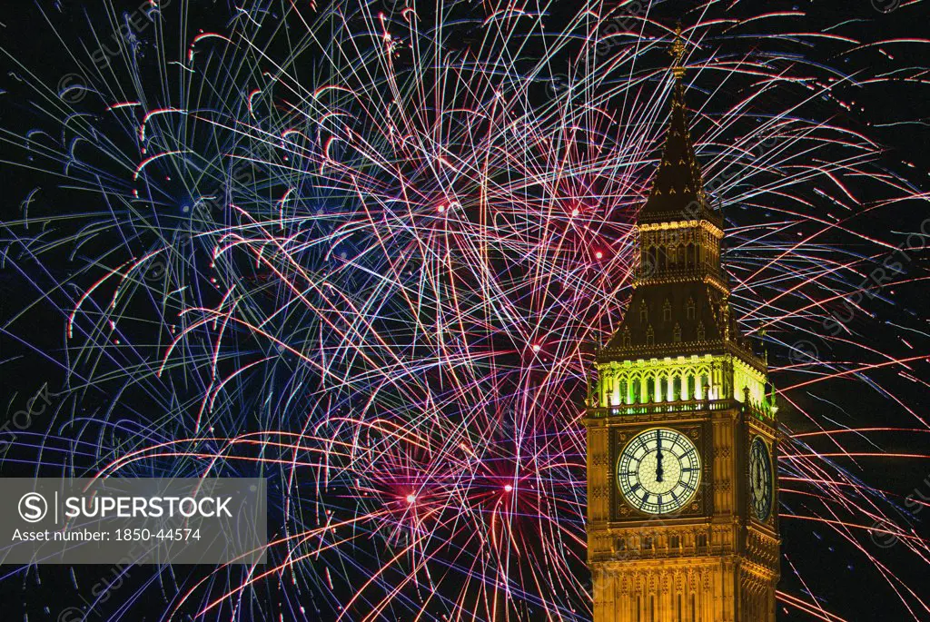 England,  London, New Years fireworks display behind Big Ben.