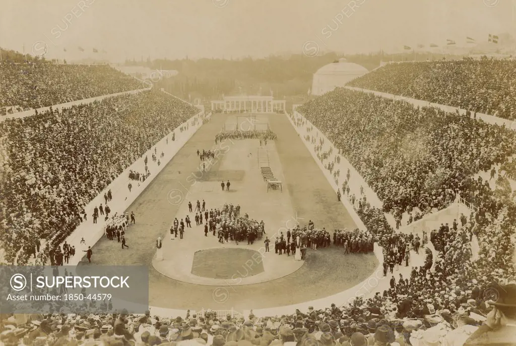Greece, Attica, Athens, Opening ceremony of the 1896 Games of the I Olympiad in the Panathinaiko stadium attended by King George I.