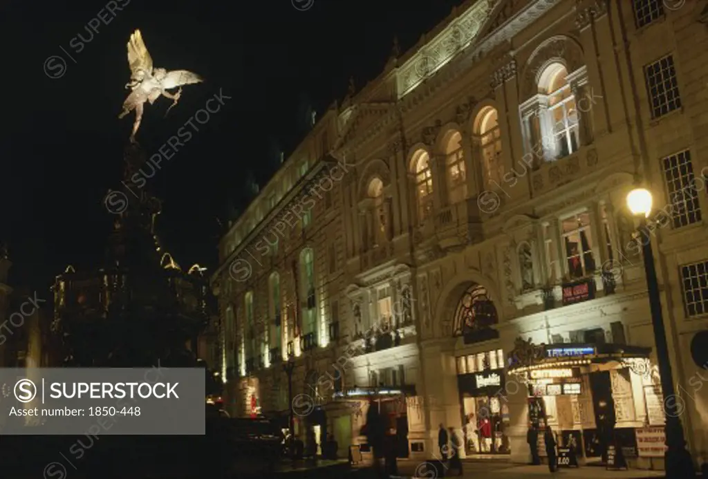 England, London, Picadilly Circus At Night With The Statue Of Eros Illuminated