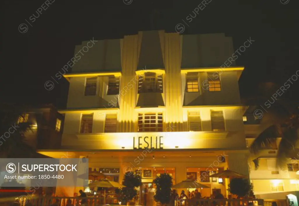 Usa, Florida , Miami , South Beach. Ocean Drive Art Deco Buildings At Night Leslie Building & Diners In Restaurant