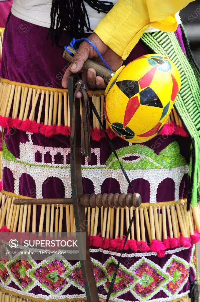 Indigenous dance group detail of dress and musical instrument , Mexico Bajio Zacatecas