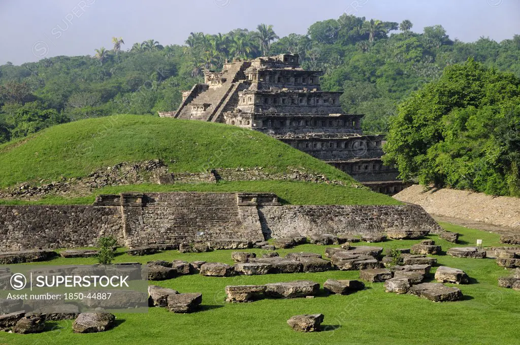 El Tajin archaeological site Pyramide de los Nichos and the Juegos de Pelota Norte.Mexico Veracruz Papantla