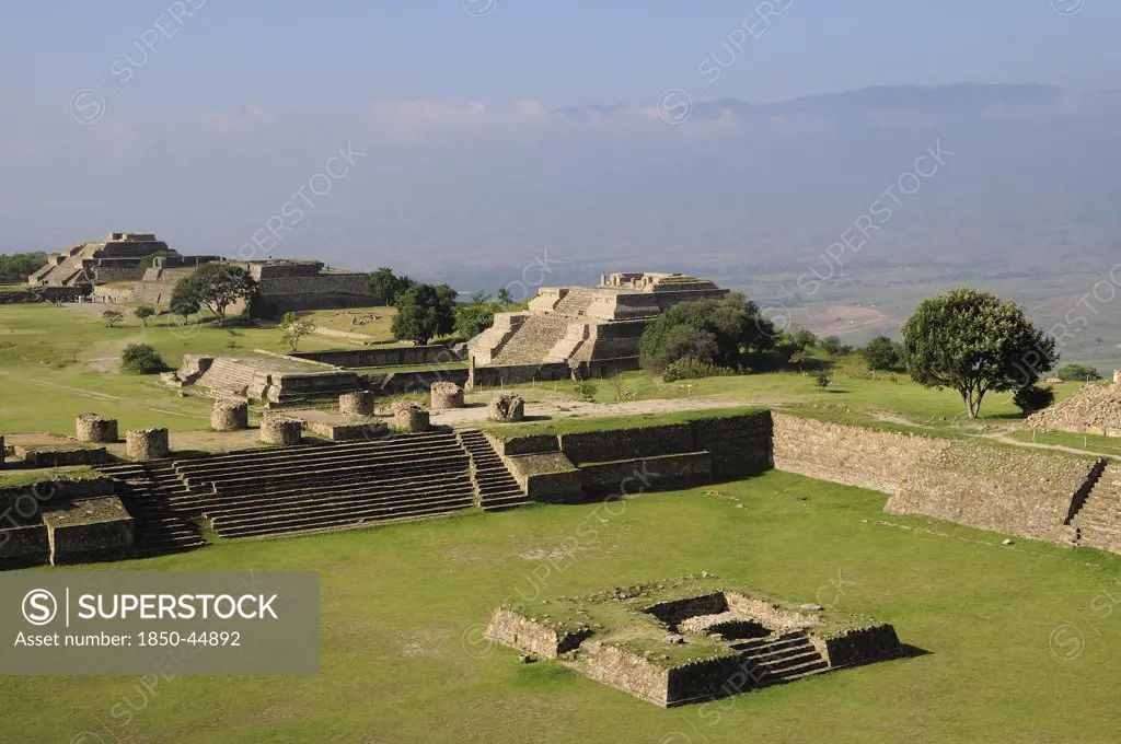 Site view onto ball court or Juegos de Pelota.Mexico Oaxaca Monte Alban