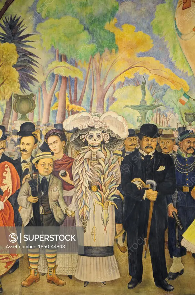 Dream of a Sunday Afternoon in the Alameda by Diego Rivera in the Museo Mural Diego Rivera. Mural detail depicting a young Rivera and Frida Kahlo. , Mexico Federal District Mexico City
