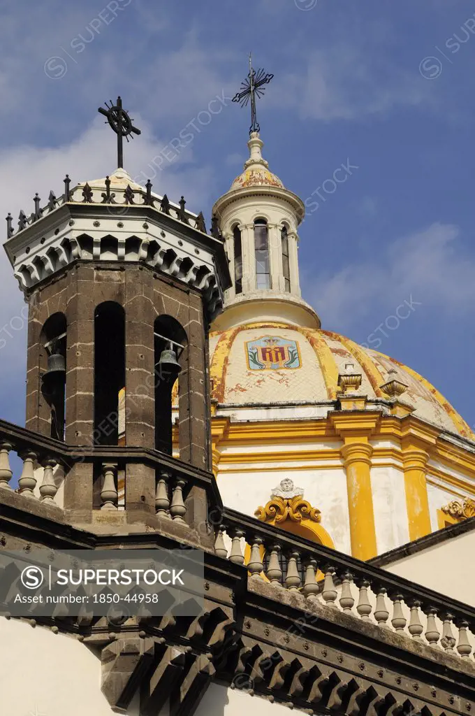 Architectural detail of roof dome and bell tower of the Church of Santa Maria.Mexico Jalisco Guadalajara