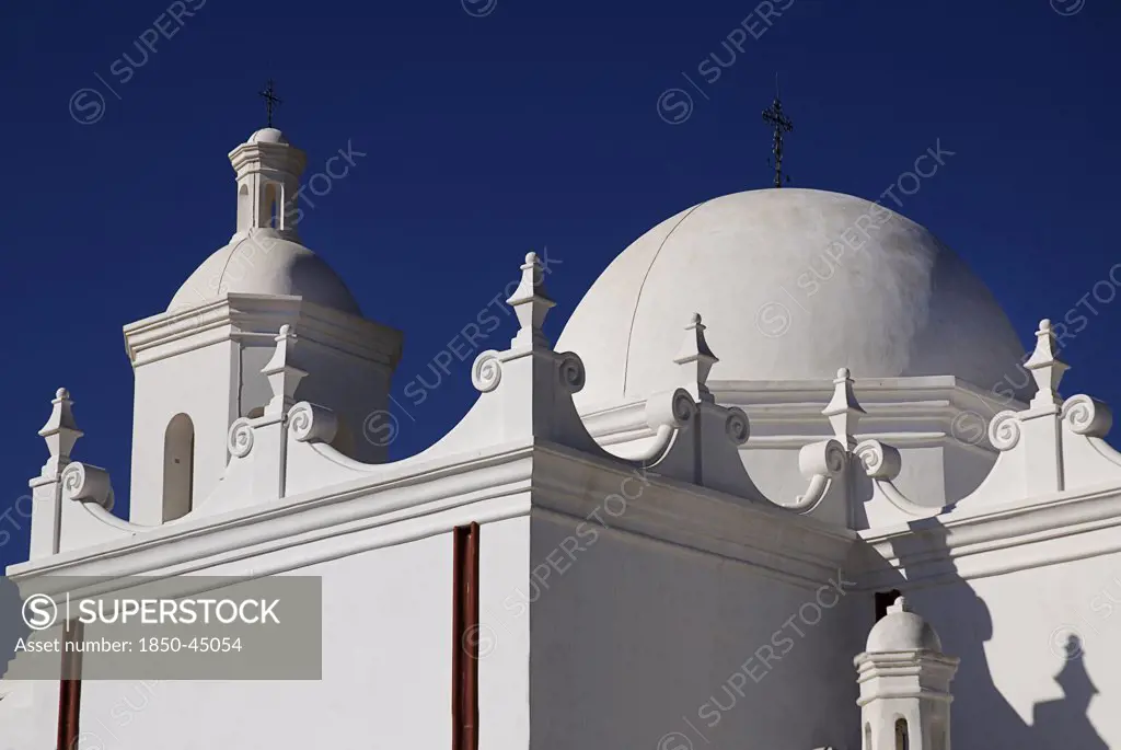 Mission Church of San Xavier del Bac. Exterior detail of white painted roof.USA Arizona Tucson