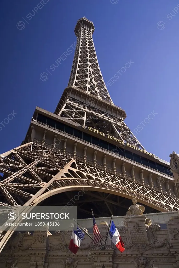 The Strip replica Eiffel tower at the Paris hotel and casino.USA Nevada Las Vegas