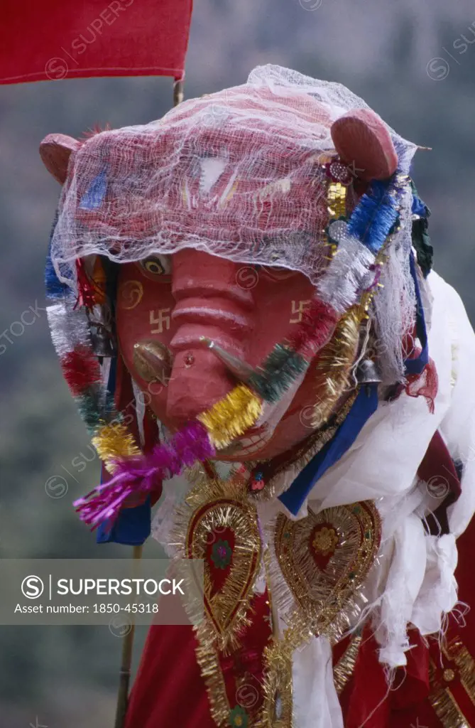 Decorated figure of god of the Thakali Gauchan clan during Lha Phewa festival meaning the appearance of the gods held every twelve years.Nepal Annapurna Larjung