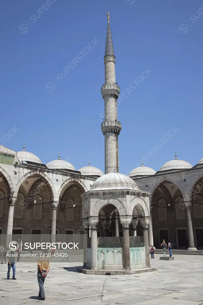 Sultanahmet Camii Blue Mosque courtyard with minaret.Turkey Istanbul