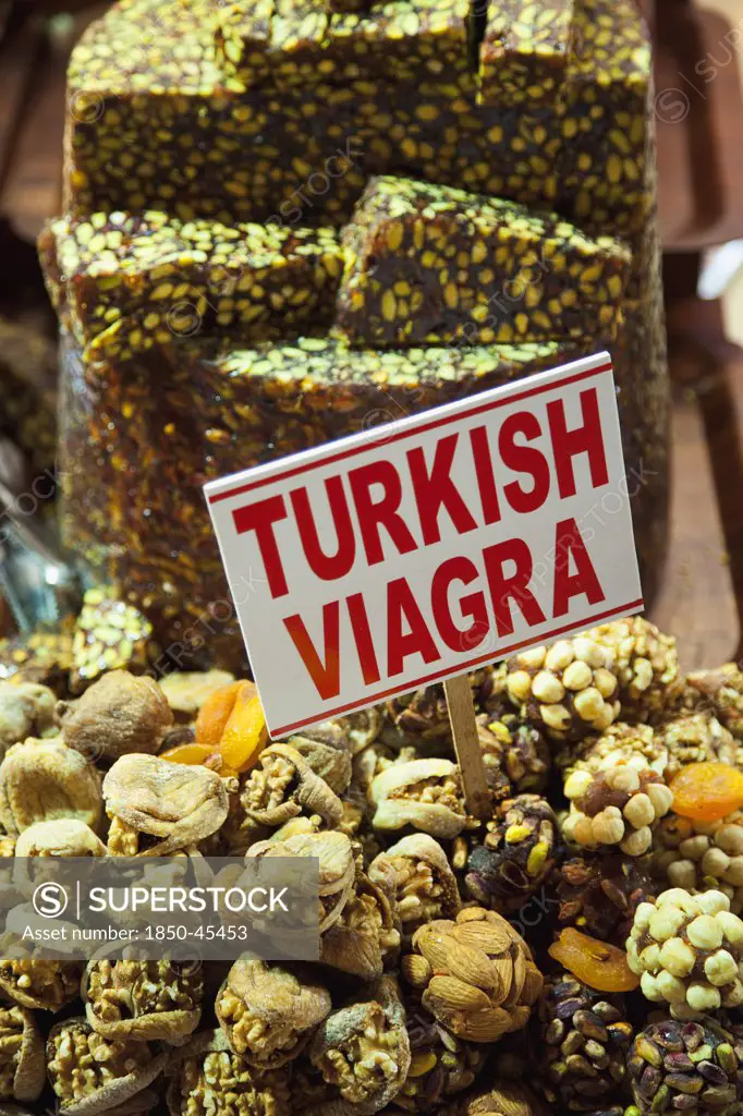 Eminonu Misir Carsisi Spice Market interior. Turkish Viagra snack made with nuts.Turkey Istanbul