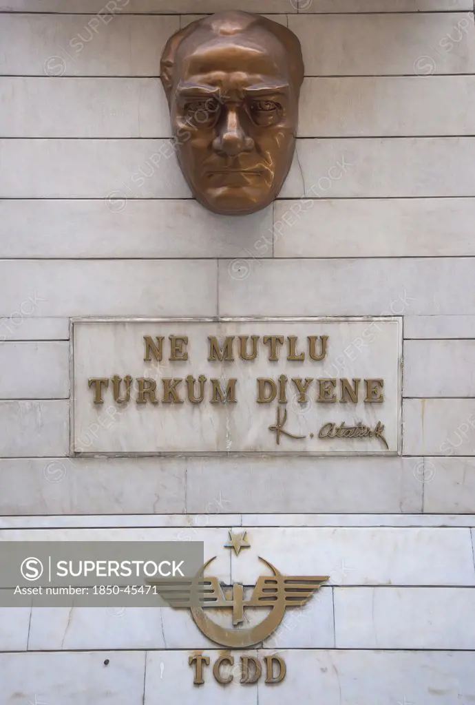 Sirkeci Gar railway station interior bronze plaque of Ataturk, Turkey Istanbul