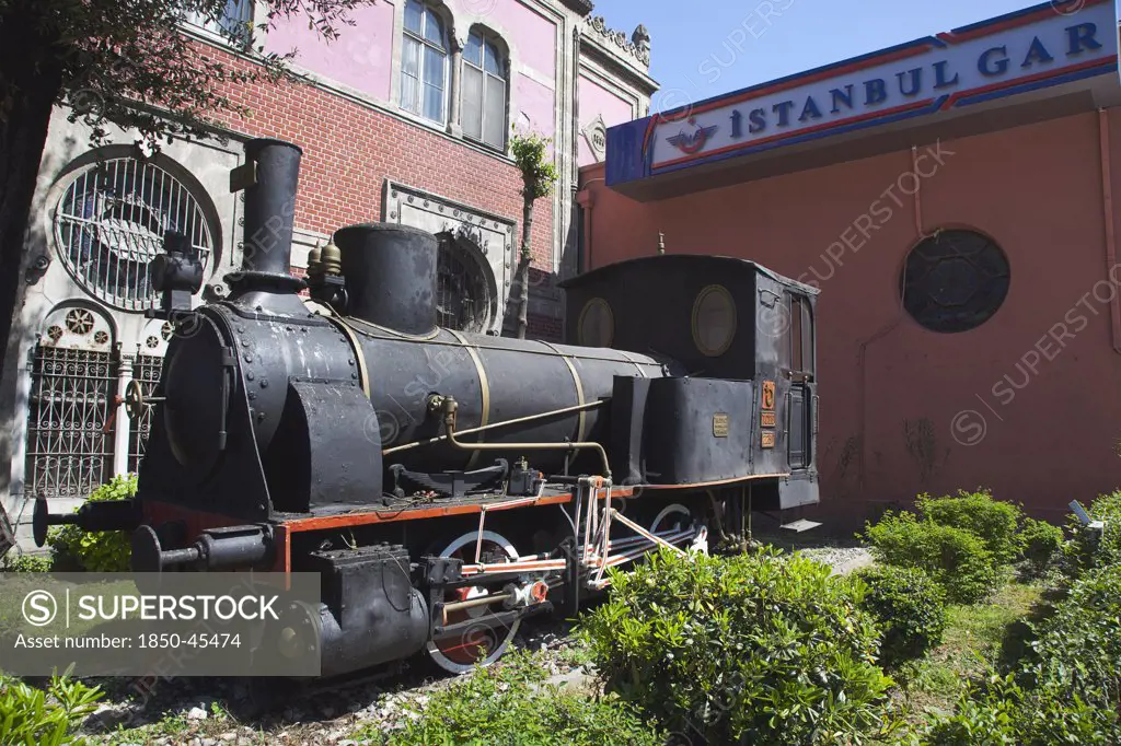 Sirkeci Gar railway station exterior replica steam engine.Turkey Istanbul