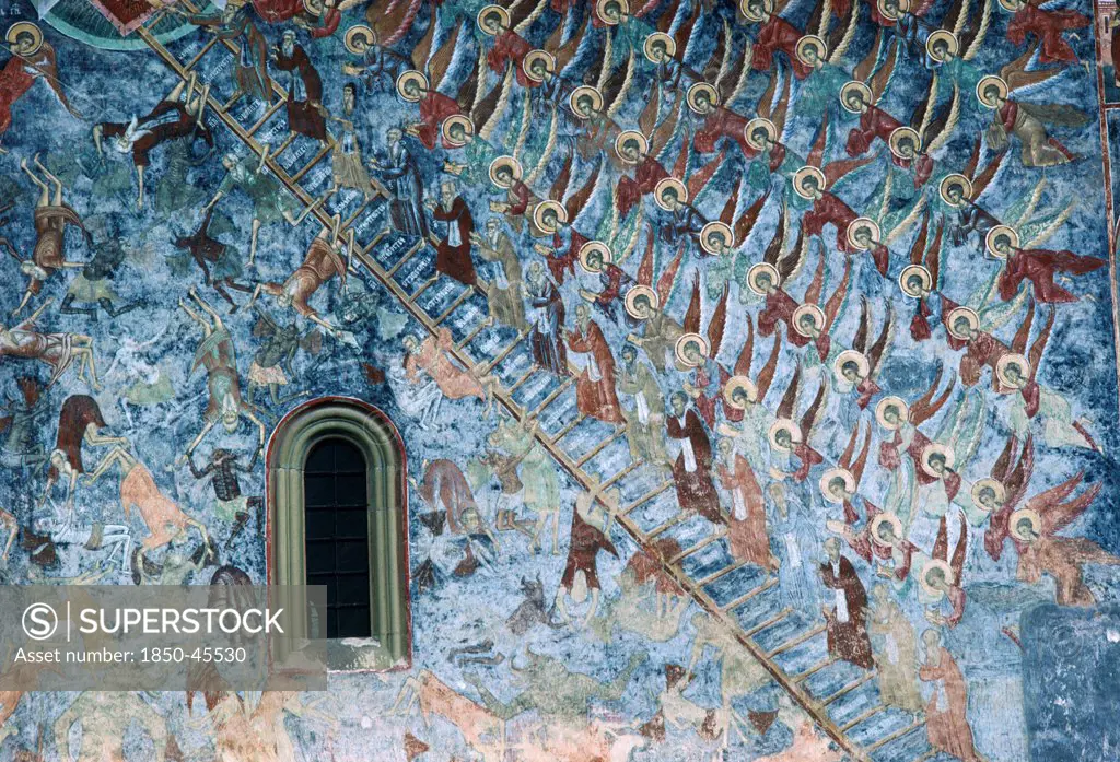 Romania, Suceava, Sucevita, Detail of murals on the Monastery walls.