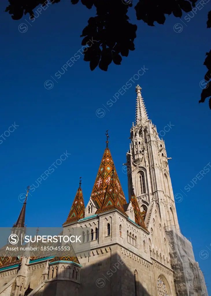 Hungary, Budapest, Buda Castle District, Matyas Church viewed from street.