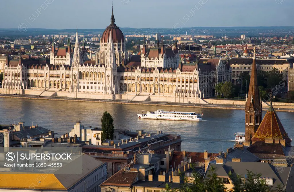 Hungary, Budapest, Buda Castle District, view over Danube and Pest with Parliament Building.