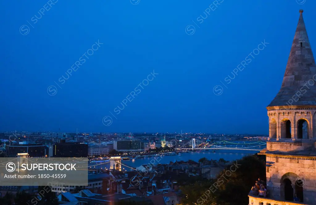 Hungary, Budapest, Buda Castle District, view over Danube and Pest from Fishermen's Bastion.