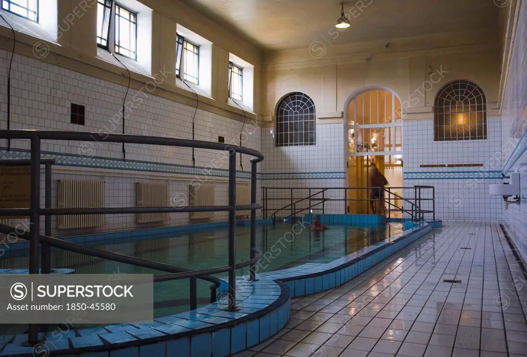Hungary, Budapest, Pest, Indoor pool at Szechenyi thermal baths, largest in Europe.