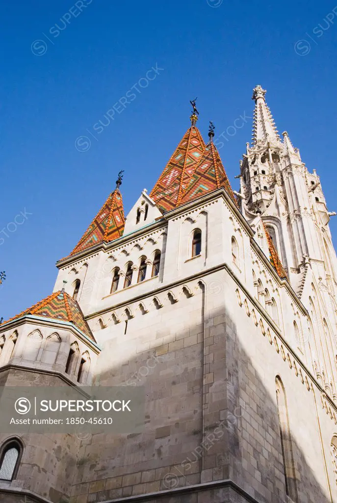 Hungary, Budapest, Buda Castle District: the tiled Bela tower of Matyas Church.
