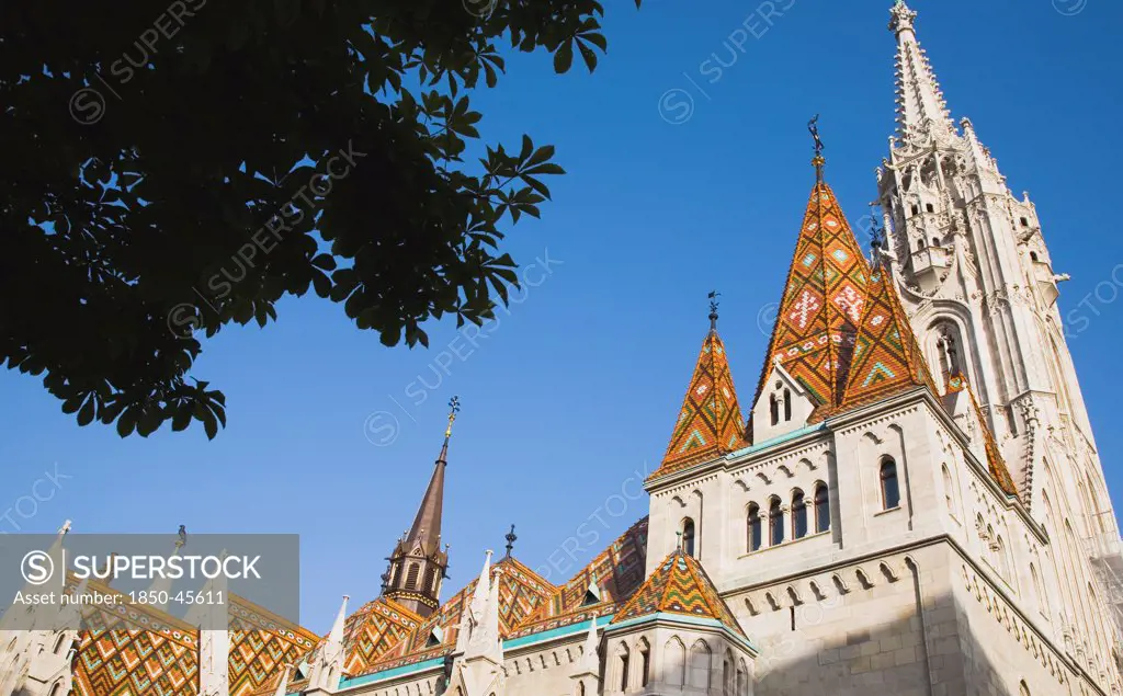Hungary, Budapest, Buda Castle District, Matyas Church with tiled Bela tower.