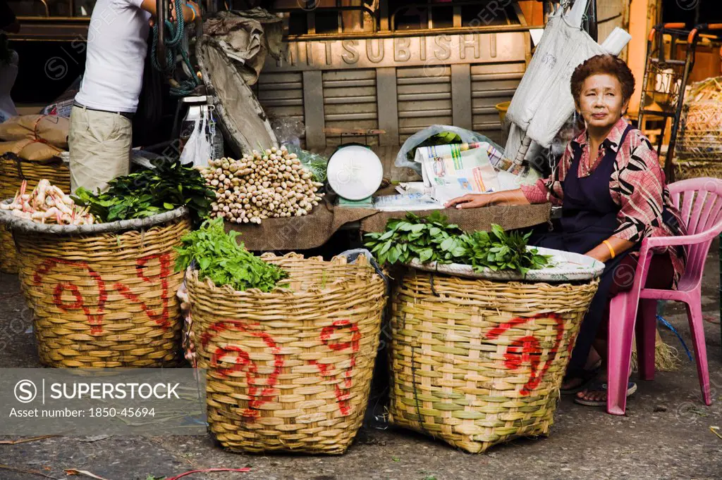 Thailand, Bangkok, Fresh Ginger and herbs on sale in Chinatown market.