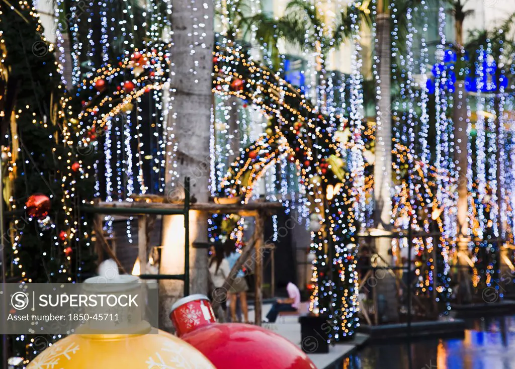 Thailand, Bangkok, Christmas lights outside Siam Paragon, Bangkok's premier shopping Mall.