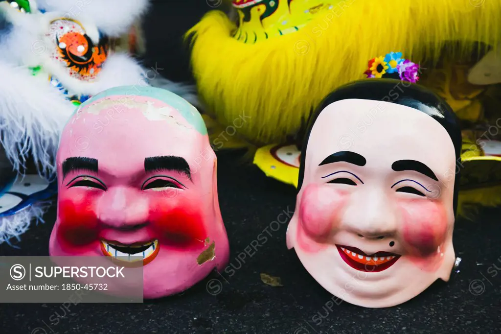 Thailand, Bangkok, Papier mache character heads for Chinese New Year show.