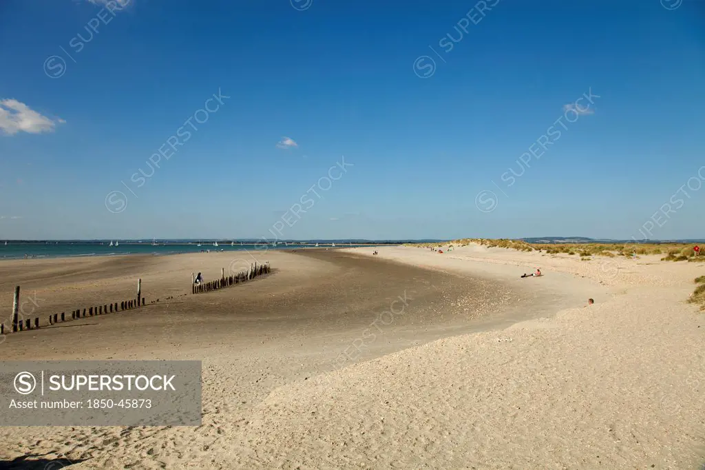 England, West Sussex, West Wittering Beach, East Head, Sandy beach and wooden groynes at low tide.