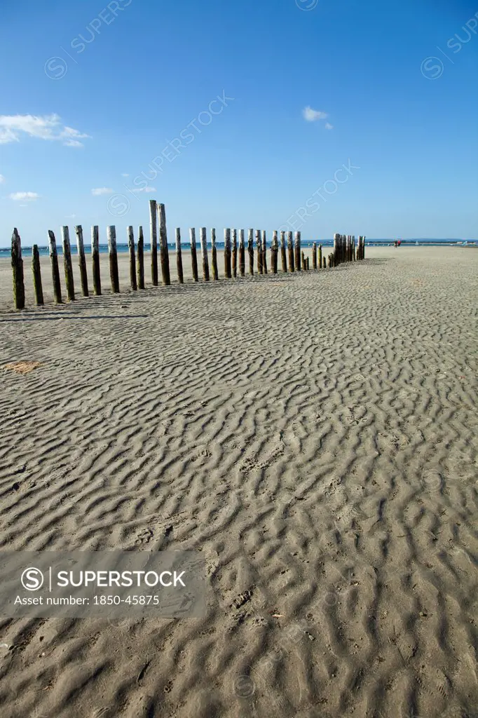 England, West Sussex, Chichester, West Witterings, East Head, Wooden Groynes and sandy beach at low tide.
