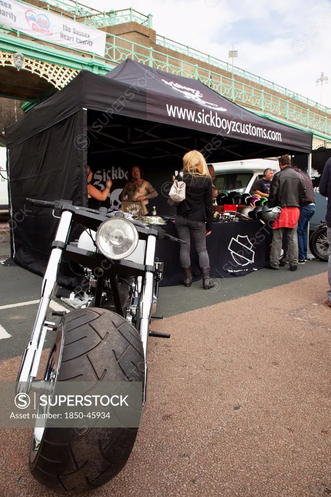 England, East Sussex, Brighton, Stall selling motorcycle accessories during bike festival on Madeira Drive.