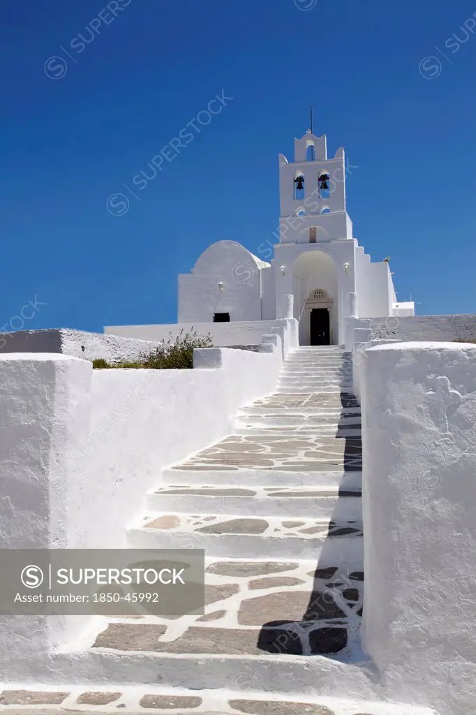 Greece, Cyclades, Islands, Sifnos Island, Church inside Chrissopigi monastery which is build on the top of a cliff nearby Platis Yalos village and it is famous for housing the miraculous icon of Panagia Chrissopigi.