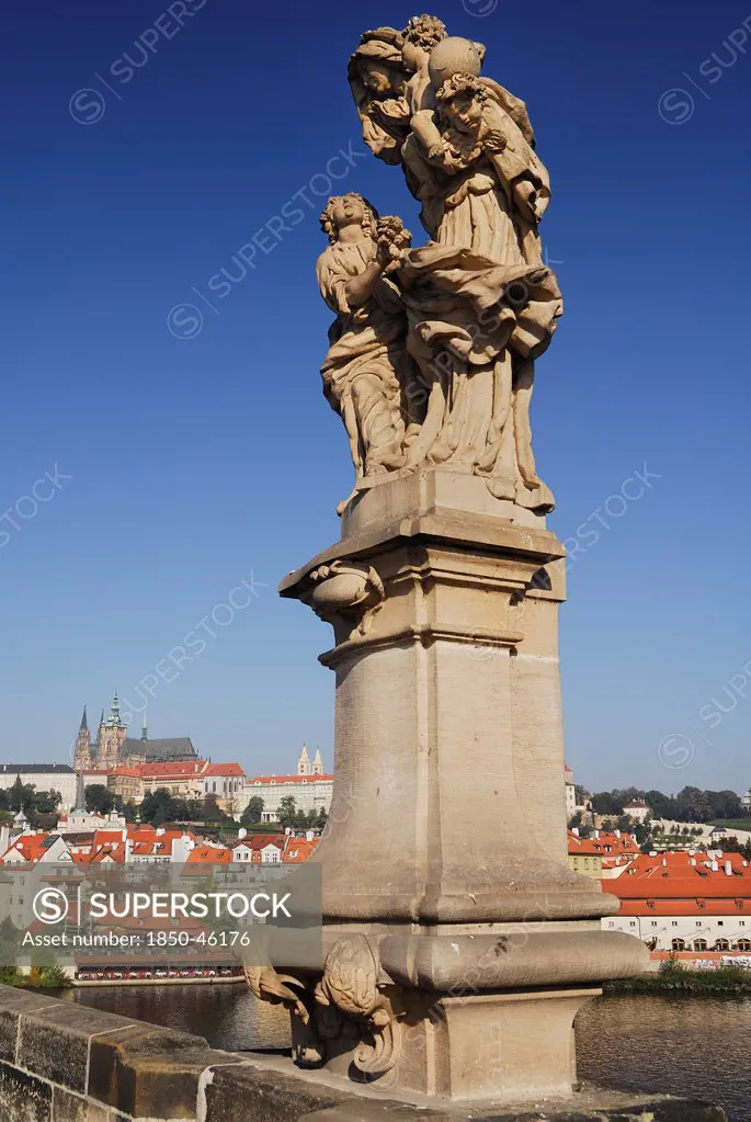 Czech Republic, Bohemia, Prague, Charles Bridge, Statue of Saint Anne.