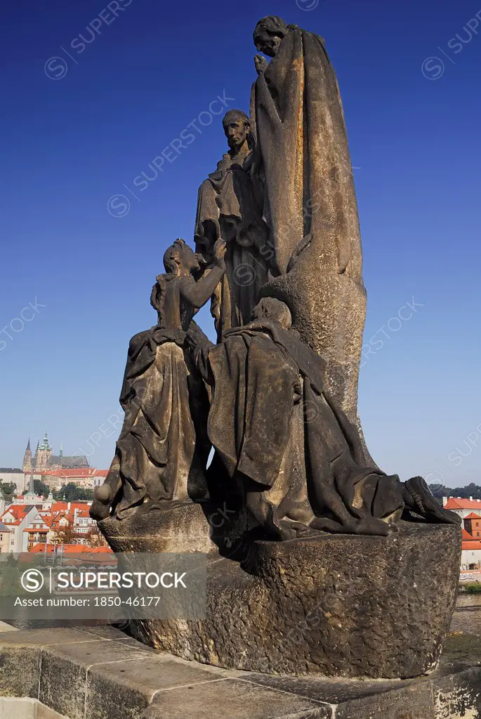 Czech Republic, Bohemia, Prague, Charles Bridge, Statue of St Cyril and St Methodius.