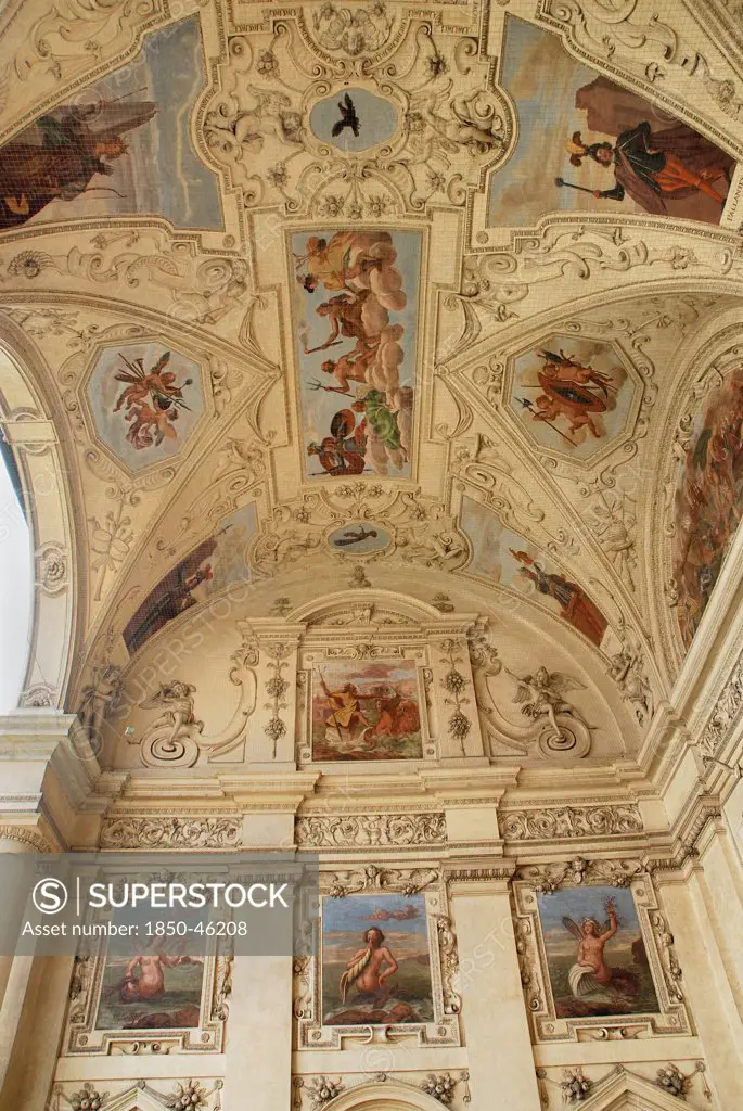 Czech Republic, Bohemia, Prague, Wallenstein Palace, exterior frescoes in the loggia.