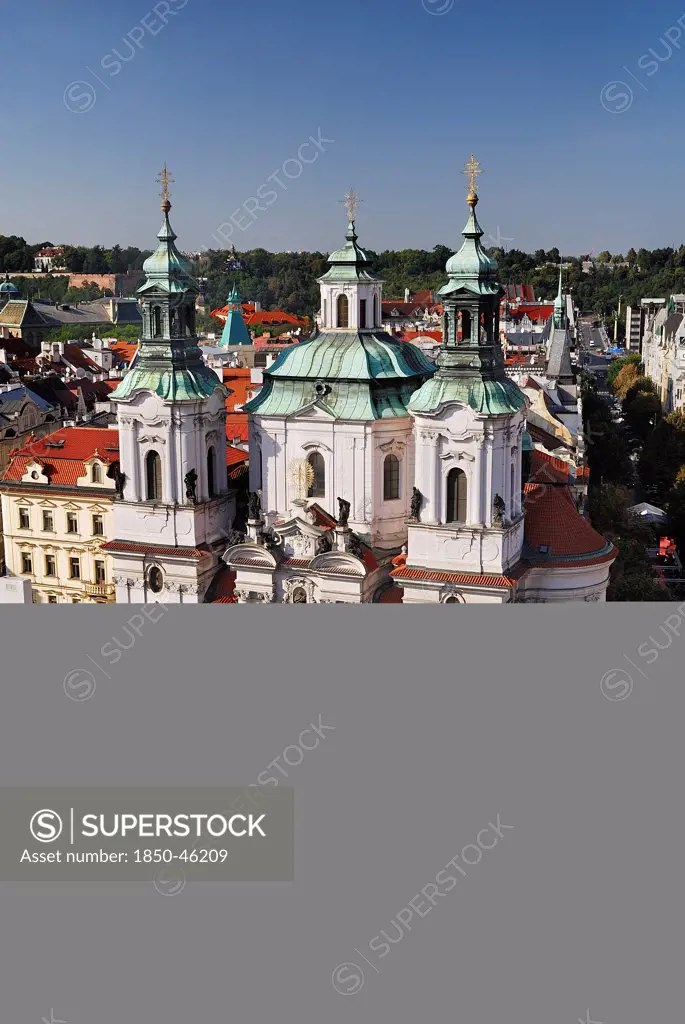 Czech Republic, Bohemia, Prague, Old Town Square, Church of St Nicholas from Old Town Hall Tower.