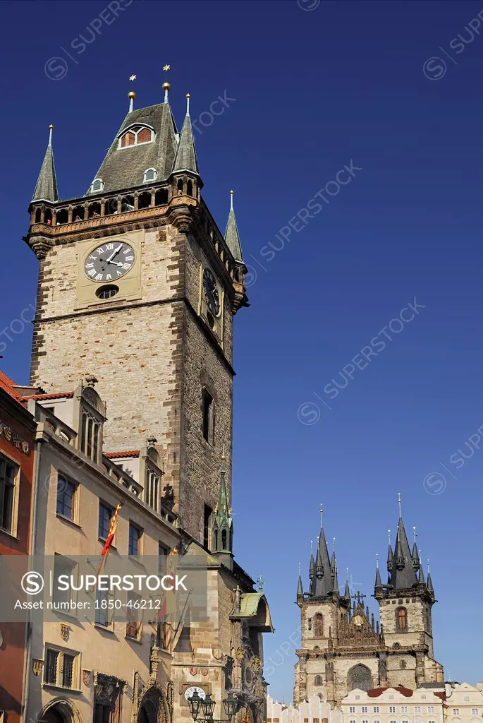 Czech Republic, Bohemia, Prague, Old Town Square, Old Town Hall with Tyn Church.