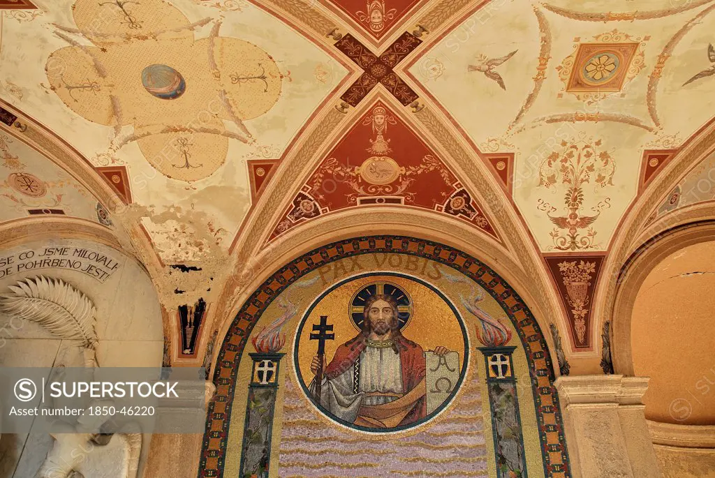 Czech Republic, Bohemia, Prague,  Vysehrad Cemetery,  Detail of a fresco in the Neo-Renaissance arcade.