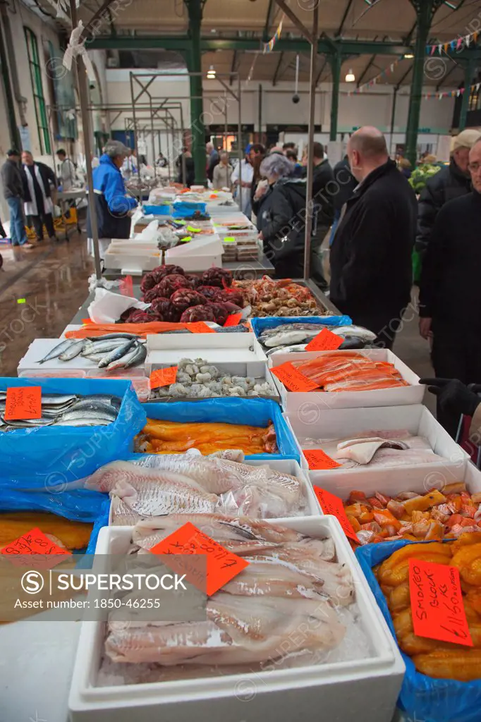 Ireland, North, Belfast, St Georges Market, fresh fish display.