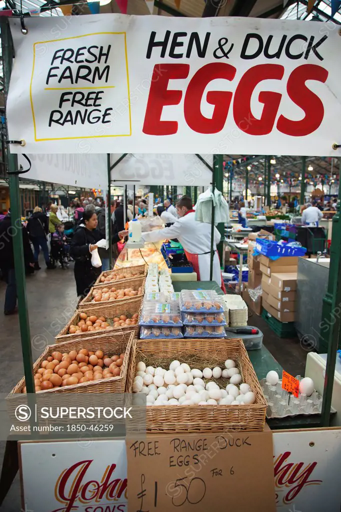 Ireland, North, Belfast, St Georges Market, stall selling Hen, Duck and Goose Eggs.