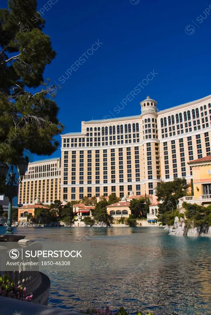 USA, Nevada, Las Vegas, The Bellagio Hotel Casino across the fountain lake.