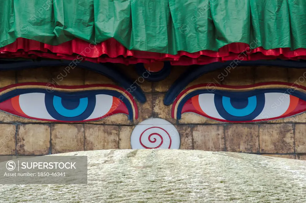 Nepal, Kathmandu, All-seeing Buddha eyes of Boudhanath Stupa, Chorten.