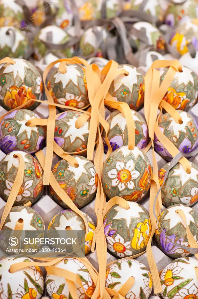 Austria, Vienna, Hand painted and decorated egg shells to celebrate Easter at the Old Vienna Easter Market at the Freyung.